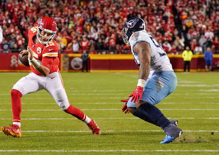 Patrick Mahomes led the Chiefs in rushing against the Titans with six carries for 63 yards and a touchdown.